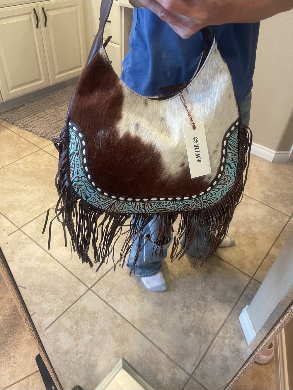 Myra Bag Brown & White Cowhide Fringe Shoulder Bag with Turquoise Tooled Trim - Picture 3 of 3